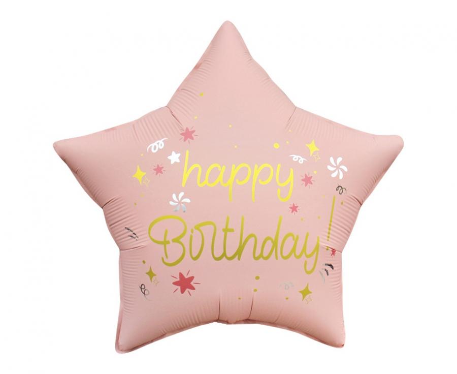 Folijski balon Happy Birthday, zvijezda mat j. roza 18" - 46cm