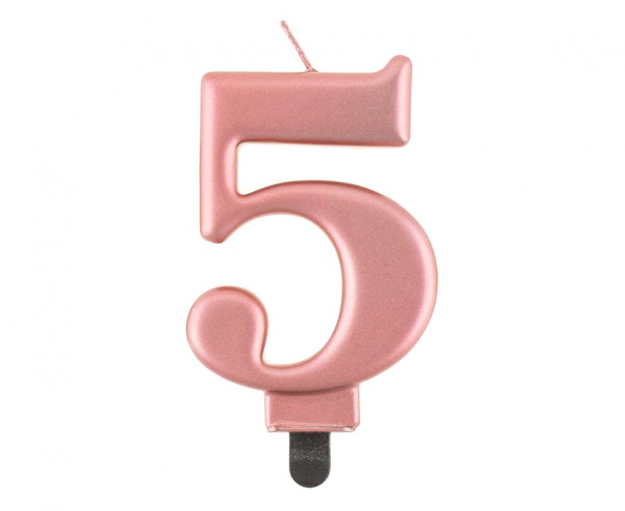 Svijećica B&C brojka 5, metalik ružičasto-zlatna, 8 cm