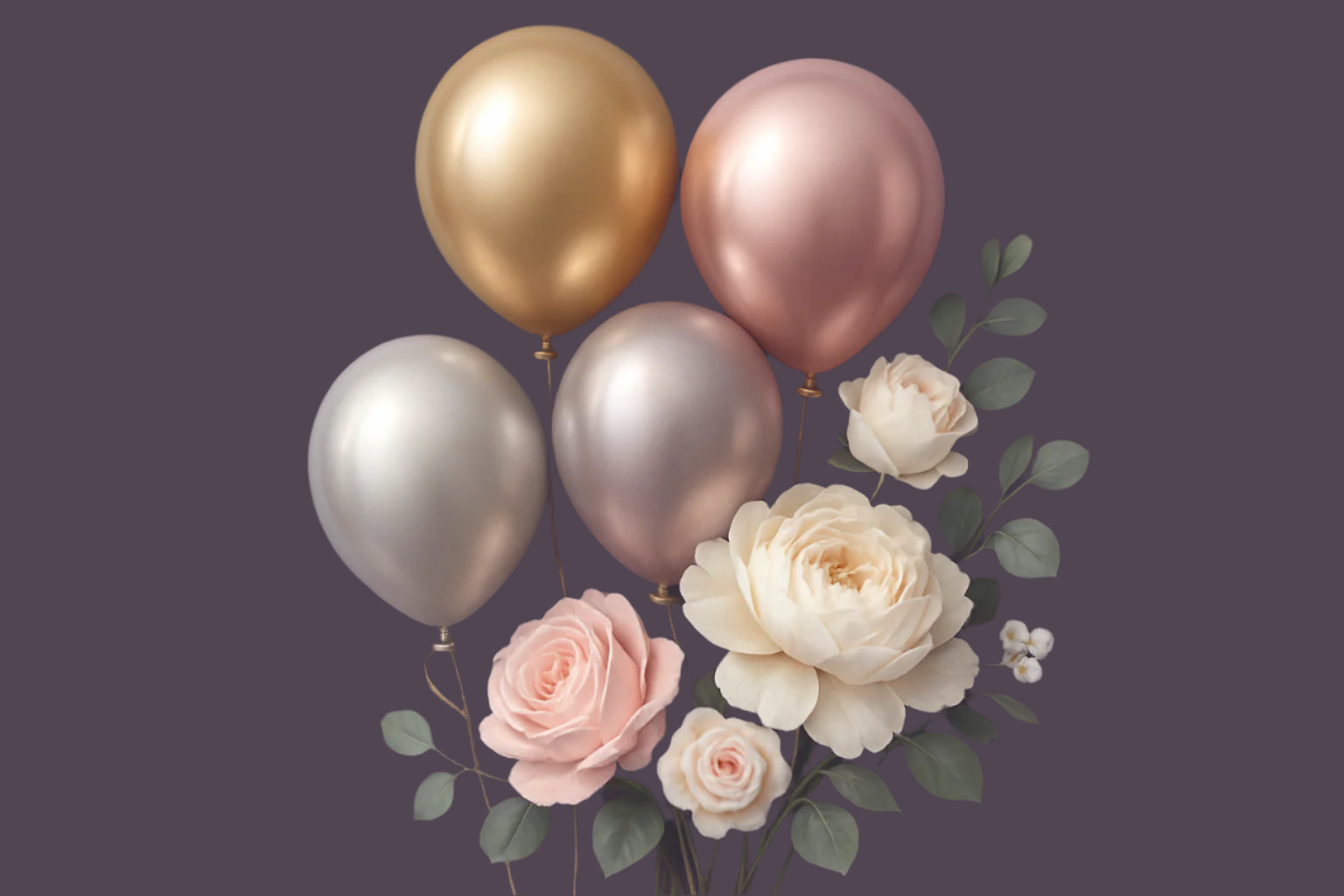 We rent decorative elements. Make a cover with violet background with elegant balloons and with elegant flowers. It should be smooth and combinate it.