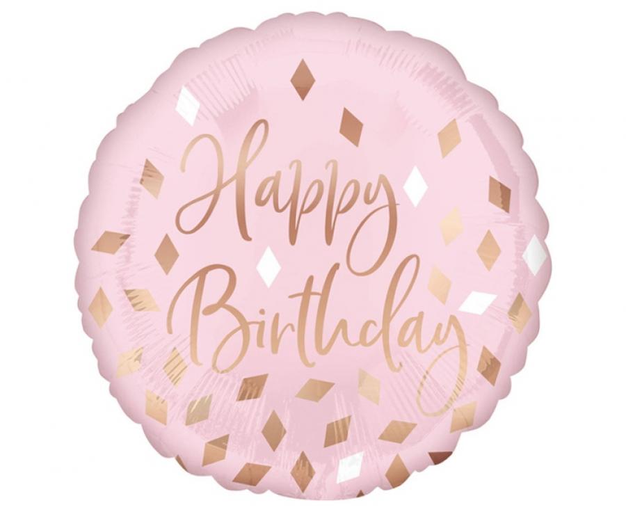 Folijski balon 18" - 46cm CIR - "Happy Birthday" rozi, zapakiran