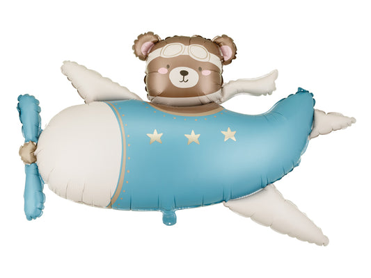 Folijski balon Medo u avionu, 94x61 cm, svijetlo plavi