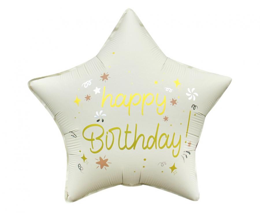 Folijski balon Happy Birthday, zvijezda mat bijela 18" - 46cm