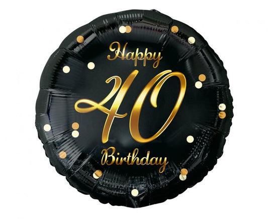 Folija balon Happy 40 Birthday, crni / zlatni tisak, 45 cm