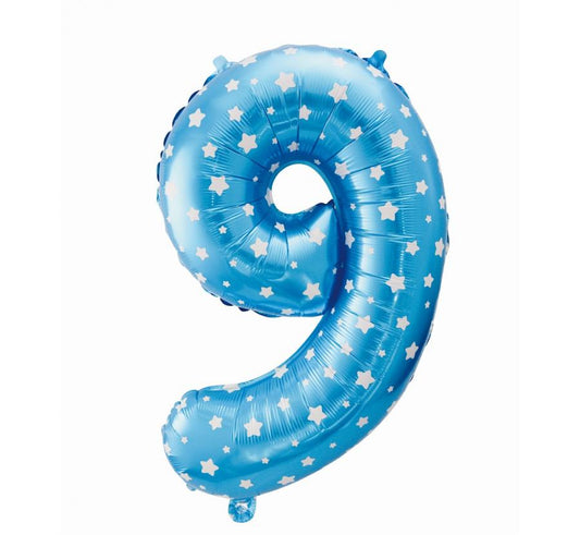 Folijski balon "brojka 9" - 23cm, plava sa zvijezdama, 61 cm KK