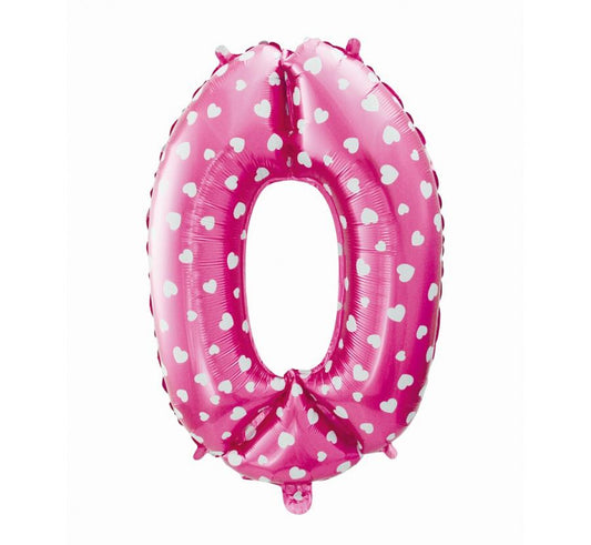 Folijski balon "brojka 0", roza sa srcima, 61 cm KK