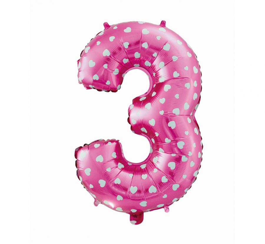 Folijski balon "brojka 3", roza w serca, 61 cm KK