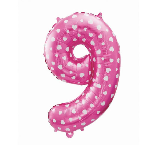 Folijski balon "brojka 9", roza sa srcima, 61 cm KK