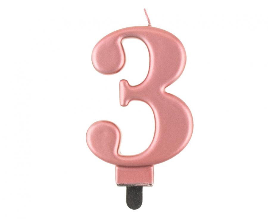 Svijećica B&C brojka 3, metalik ružičasto-zlatna, 8 cm