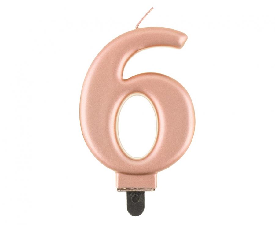Svijećica B&C brojka 6, metalik ružičasto-zlatna, 8 cm