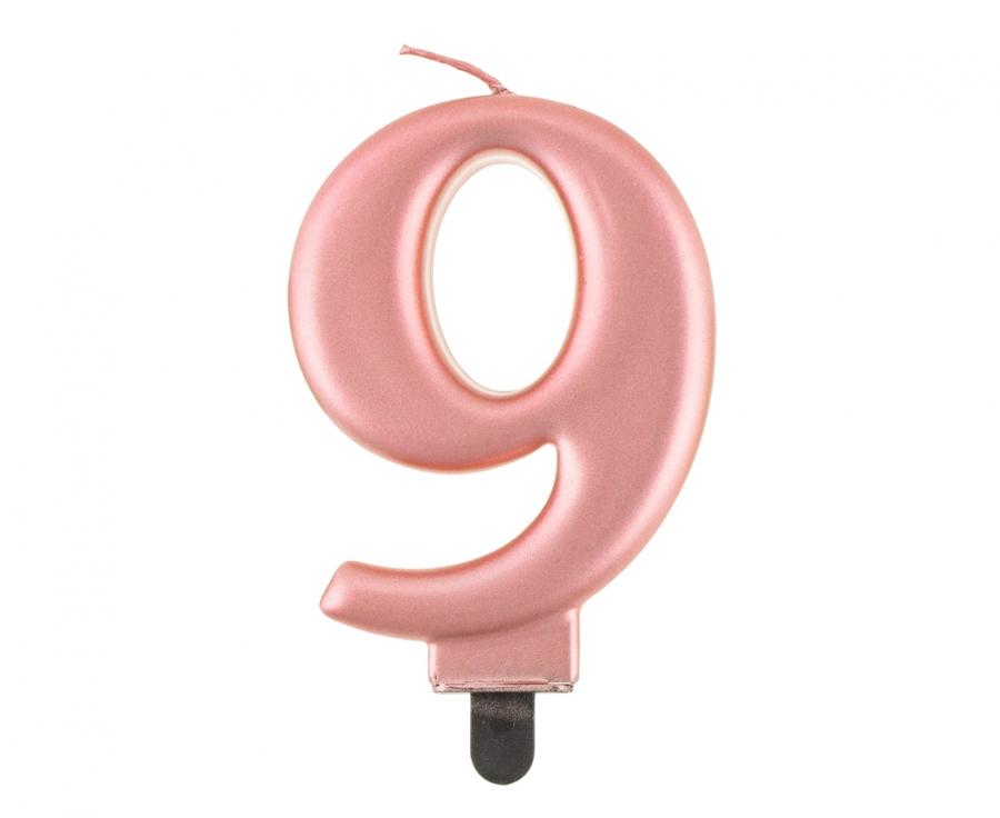 Svijećica B&C brojka 9, metalik ružičasto-zlatna, 8 cm