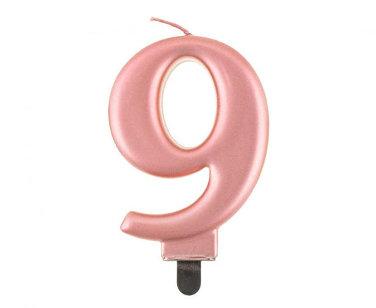 Svijećica B&C brojka 9, metalik ružičasto-zlatna, 8 cm