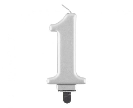 Svijećica B&C brojka 1, metalik srebrna, 8 cm