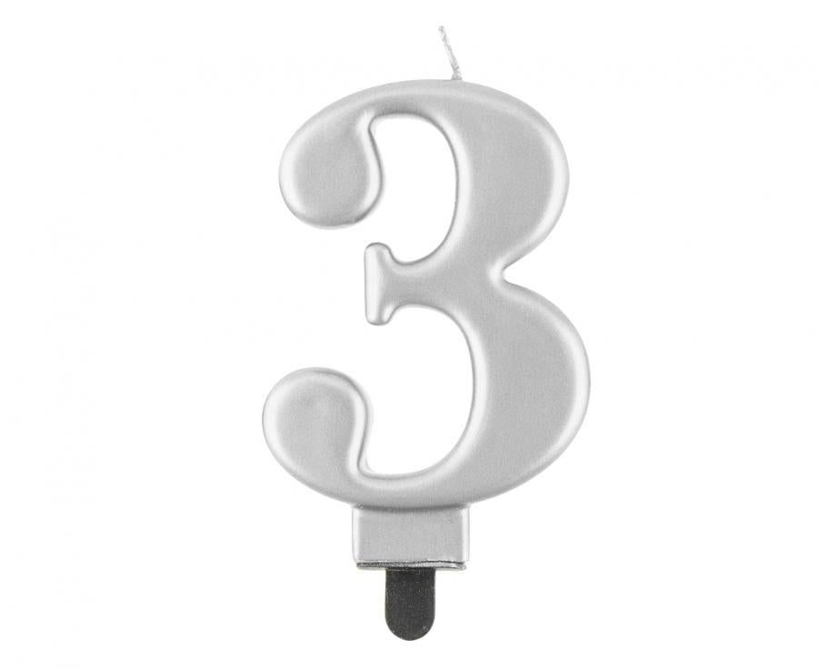 Svijećica B&C brojka 3, metalik srebrna, 8 cm