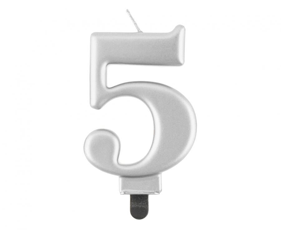 Svijećica B&C brojka 5, metalik srebrna, 8 cm