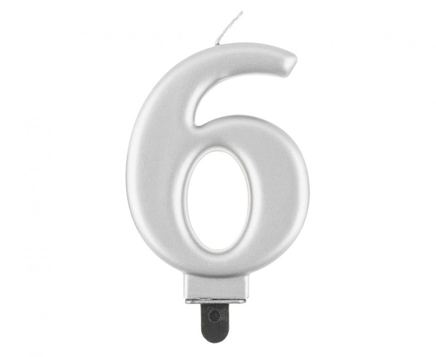 Svijećica B&C brojka 6, metalik srebrna, 8 cm