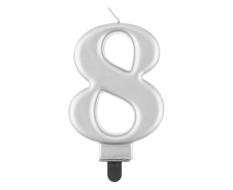 Svijećica B&C brojka 8, metalik srebrna, 8 cm