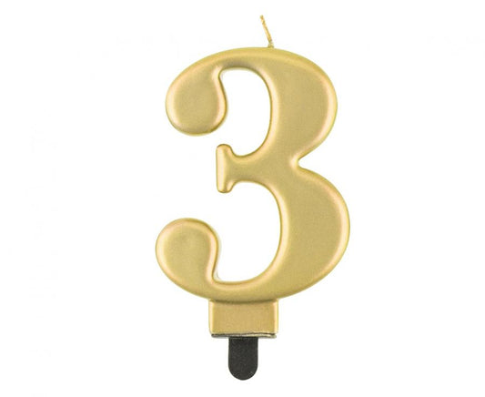 Svijećica B&C brojka 3, metalik zlatna, 8 cm