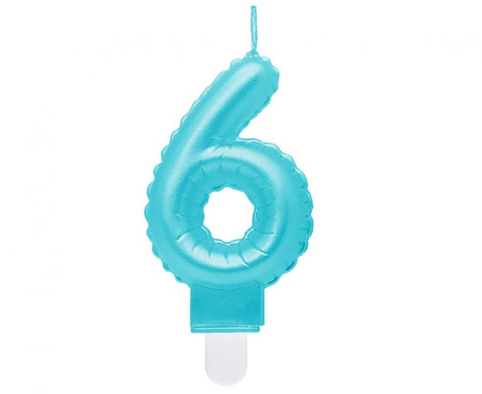 Svijećica brojka 6, perlasta jasnoplava, 7 cm KK